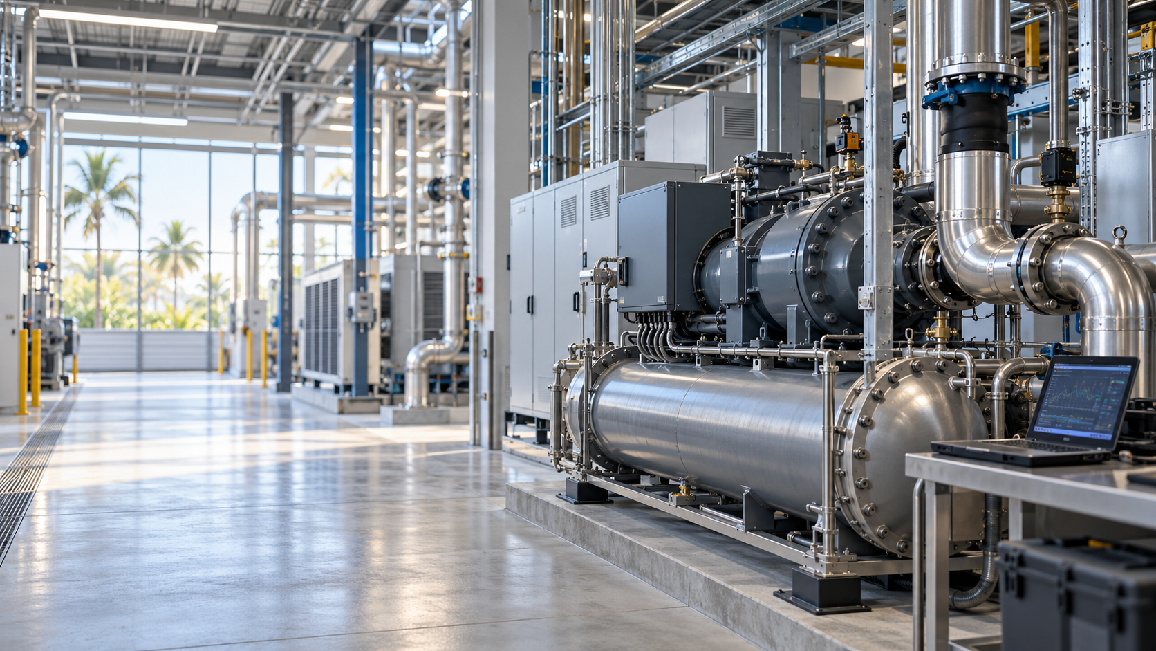 Illustrative commercial mechanical plant with chiller equipment, piping, and diagnostic workstation